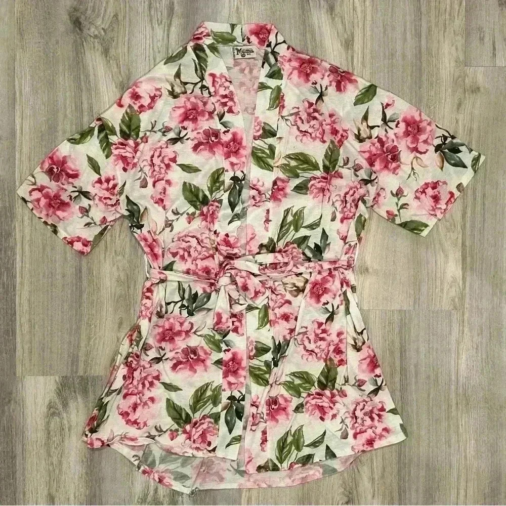 Show Me Your Mumu White Pink Floral Open Front Tie Short Sleeve Robe One Size OS